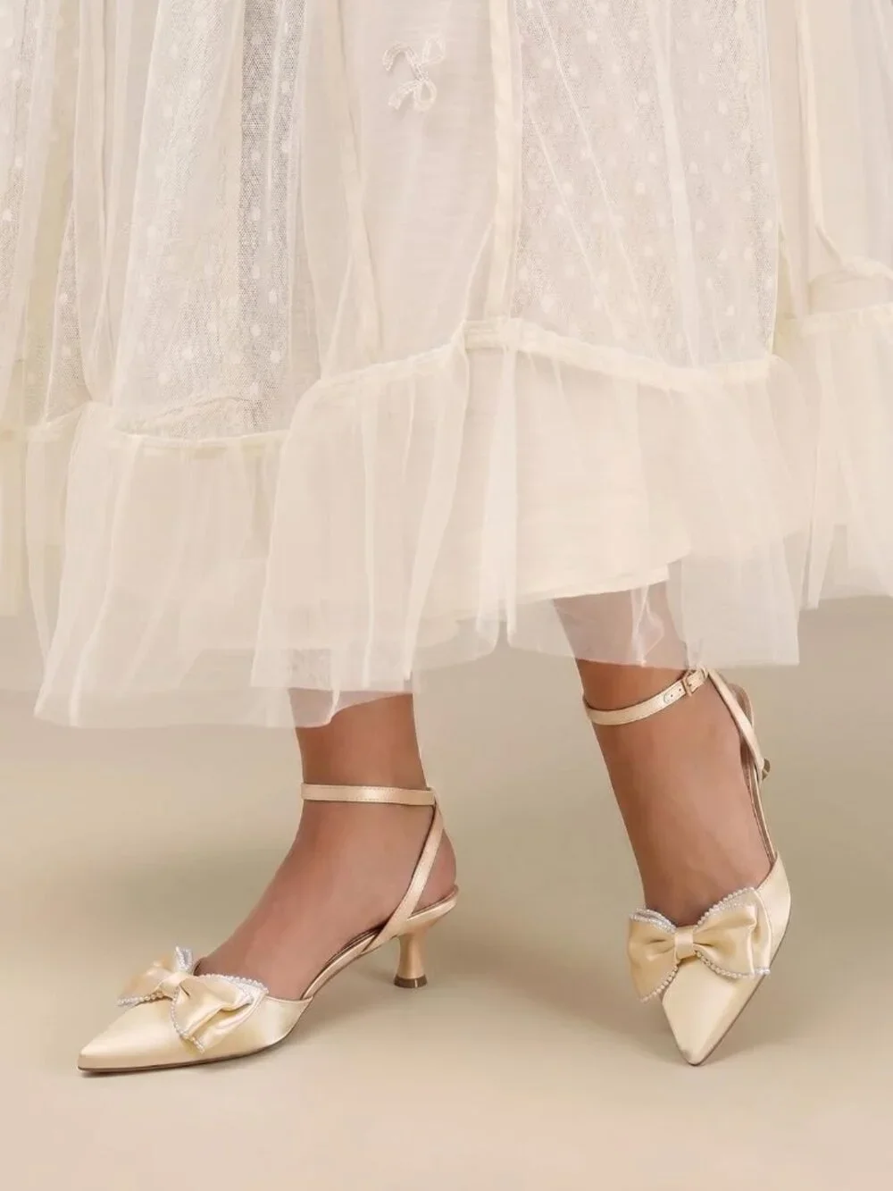 Women's Gold Satin Kitten Low Heels Bow Pearl Closed Pointed Toe Ankle Strap